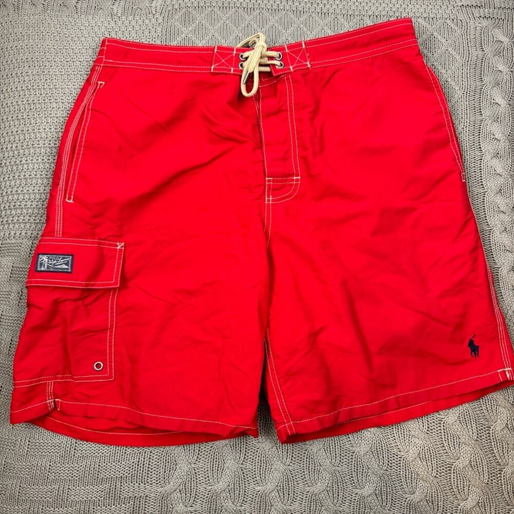 Polo Ralph Lauren Men's Kailua Cargo Swim Short in red with a navy blue logo L